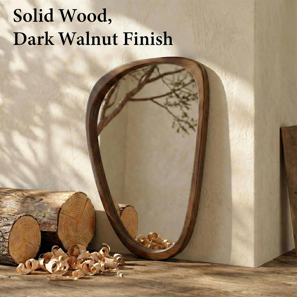 Solid Wood 30"X20" Dark Walnut Organic Irregular Wall Mirror Decor | Rich Grain And Asymmetrical Shape Add Mcm Warmth To Entryways, Hallway Walls, Powder Rooms, Console Tables, Small Spaces