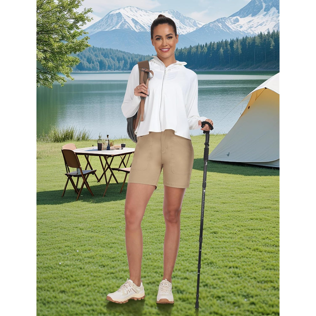 Women's Cotton Bermuda Cargo Shorts 5" Casual Summer Elastic Waist Trouser Shorts with Pockets
