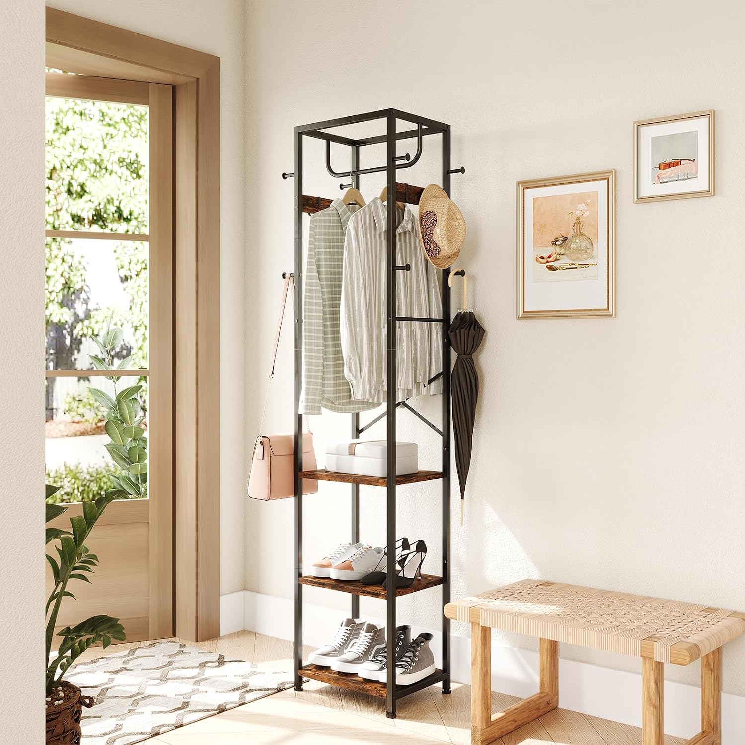 Coat Rack Freestanding, Hall Tree With 3 Shelves And 12 Hooks, Rustic Brown | Industrial Metal Frame, Space-Saving Design, Clothes Rack Stand Organizer For Bedroom, Hallway, Entryway, Office, Living Room