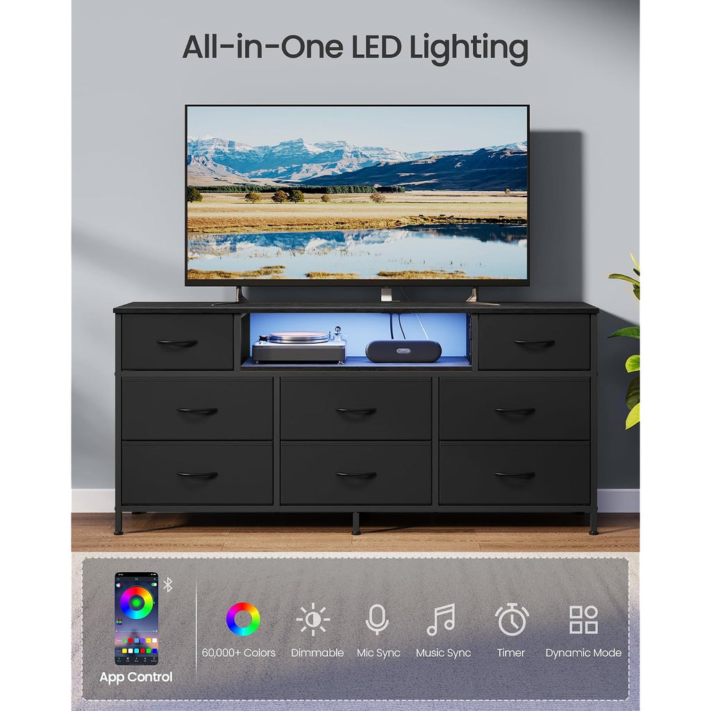 Songmics Bellah Collection - Dresser For Bedroom With Outlets And Led Lights, Tv Stand For Tvs Up To 65 Inches, Chest Of Drawers, 8 Drawers, Steel, Modern, Ink Black Ulgs434Bh02S