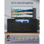 Songmics Bellah Collection - Dresser For Bedroom With Outlets And Led Lights, Tv Stand For Tvs Up To 65 Inches, Chest Of Drawers, 8 Drawers, Steel, Modern, Ink Black Ulgs434Bh02S