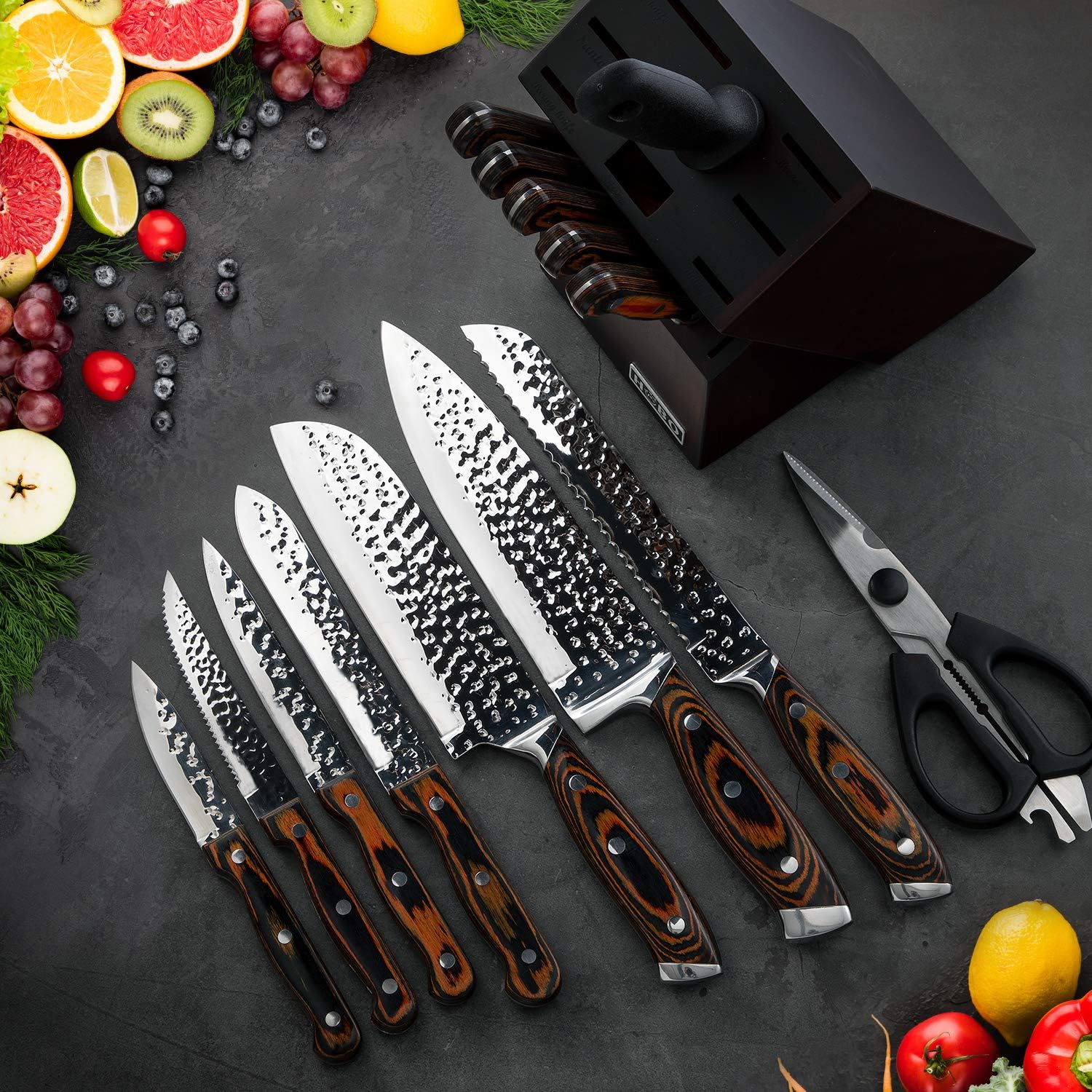 Kitchen Knife Set,15-Piece Knife Set With Block Wooden,Self Sharpening For Chef Knife Set,High Carbon Japan Stainless Steel Hammered Collection Knife Block Set With Steak Knives, Boxed Knife Set