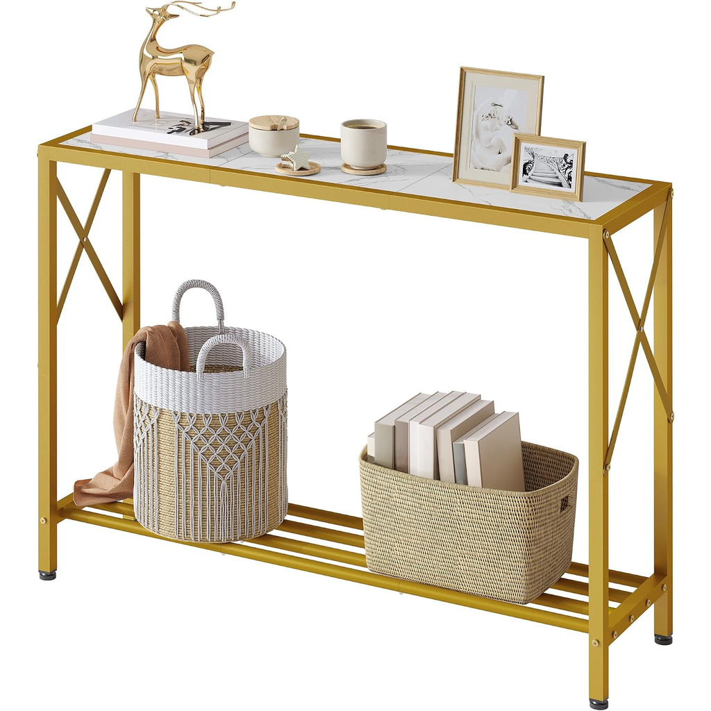 Entryway Table 41.8”, 2-Tier Entry Way Console Entrance Table, Narrow Sofa Table With Shelves, Ideal For Hallway, Entryway, Living Room, Foyer, Corridor, And Office (Gold & White)
