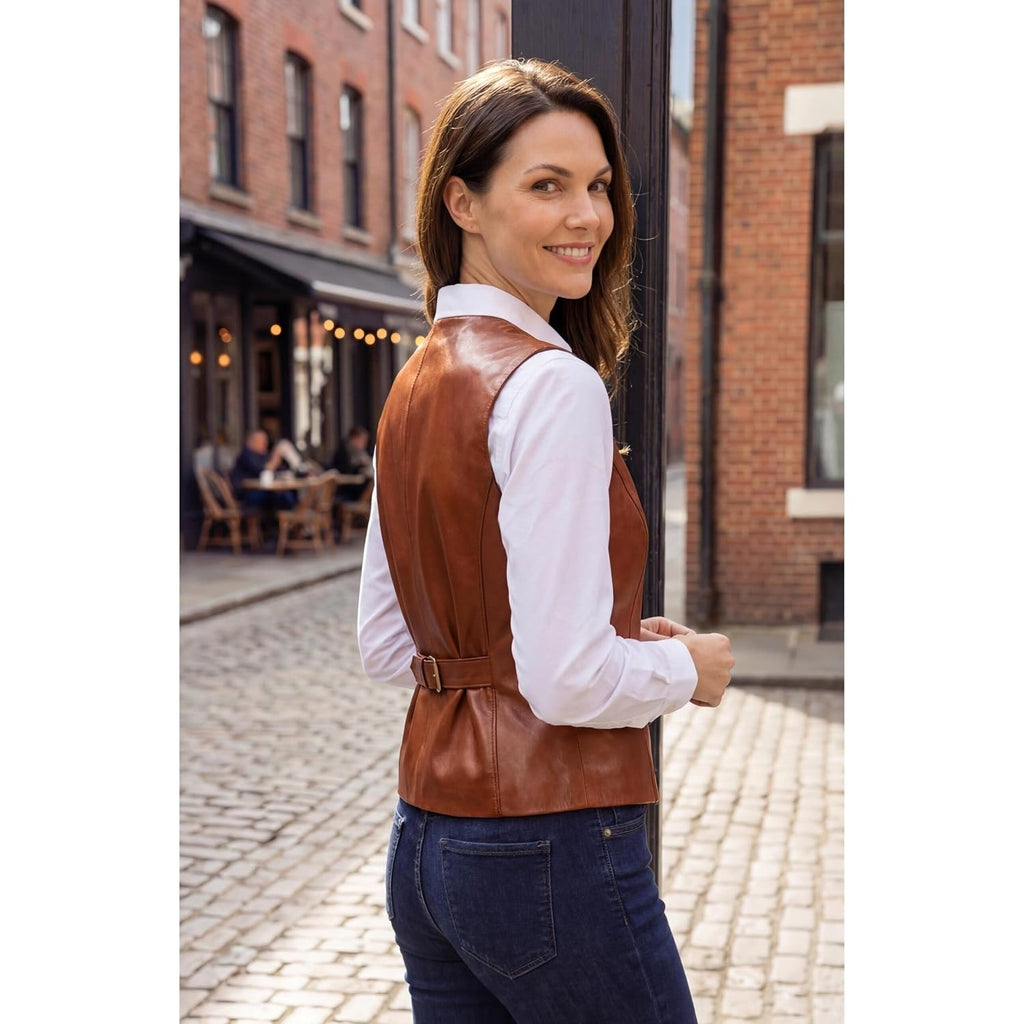 Women'S Leather Vest - Gold Button V-Neck Style Sleeveless Real Leather Waistcoat Women