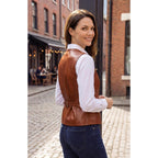 Women'S Leather Vest - Gold Button V-Neck Style Sleeveless Real Leather Waistcoat Women