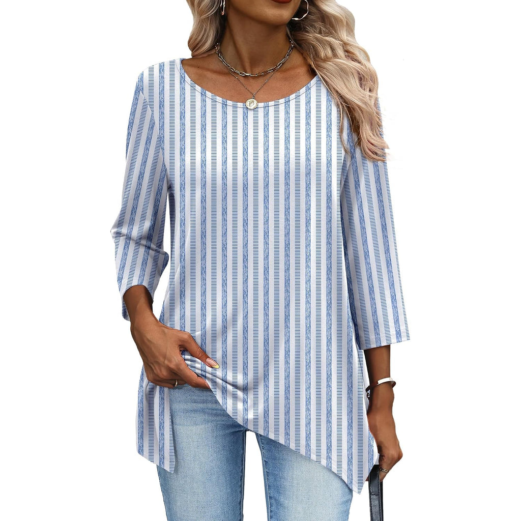 3/4 Length Sleeve Womens Tunic Tops Loose Fit Blouses Dressy Casual Crew Neck Tees S-2XL