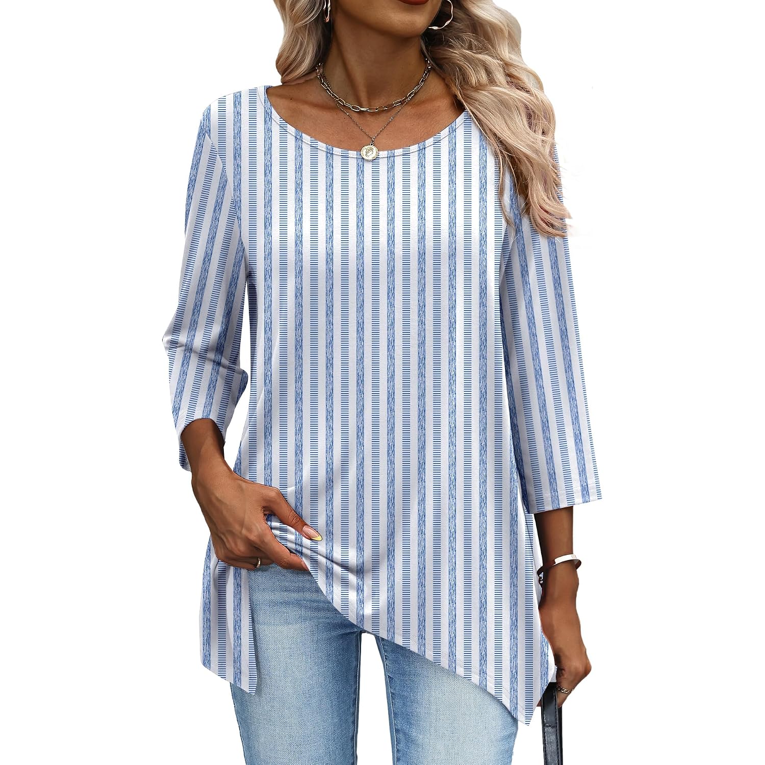3/4 Length Sleeve Womens Tunic Tops Loose Fit Blouses Dressy Casual Crew Neck Tees S-2XL