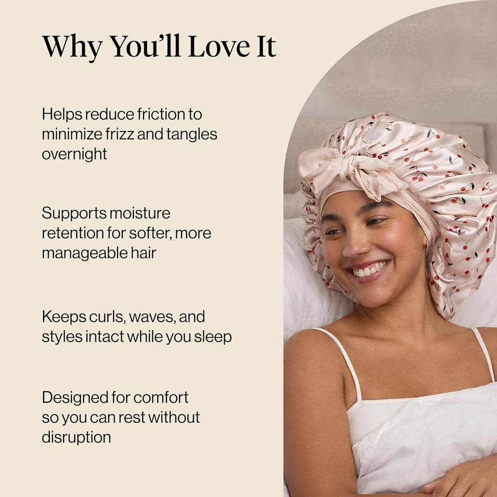 Kitsch XL Satin Bonnet for Sleeping - Softer Than Silk Bonnet For Sleeping Women - Secure Fit, Adjustable, Night Cap For Curly & Textured Hair - Prevents Breakage, Tangles & Thinning - Cherry Print