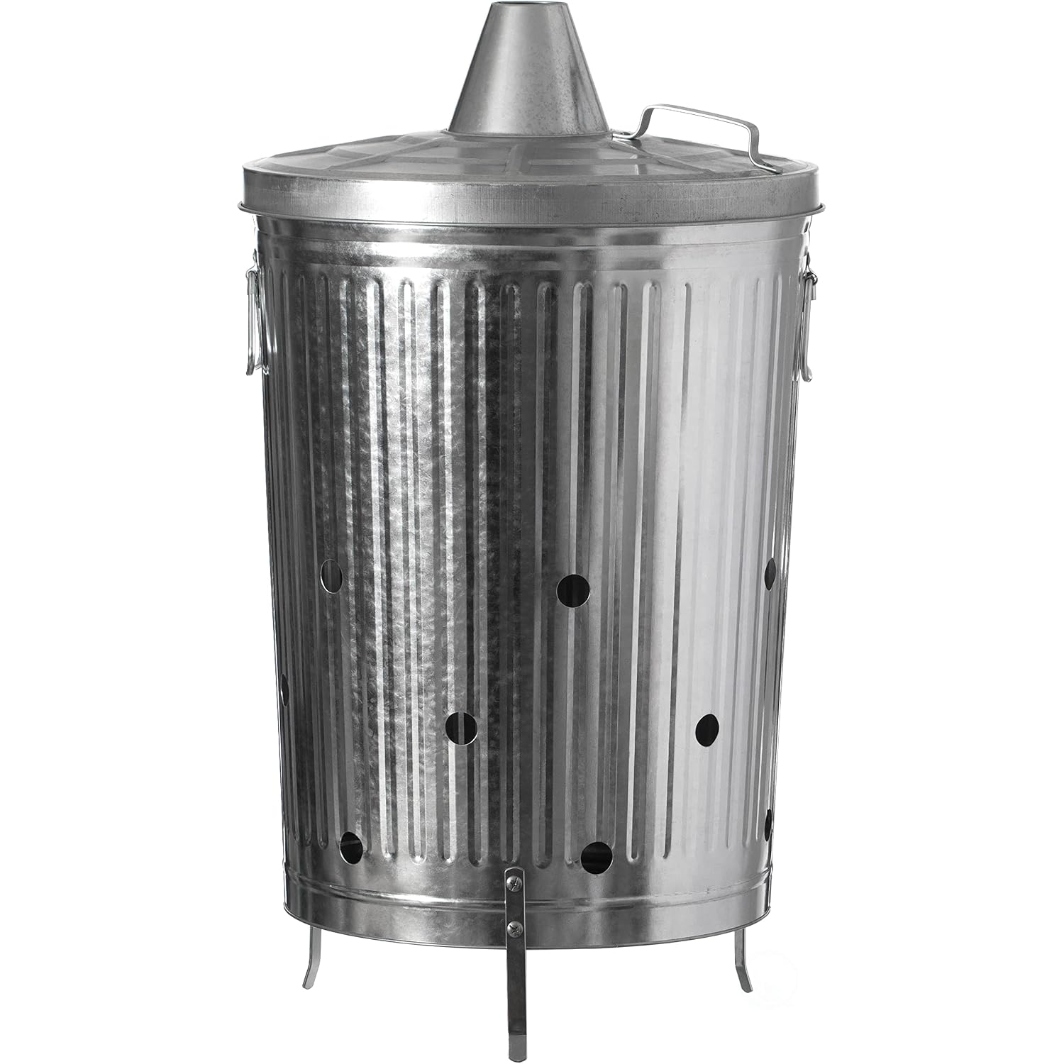 20-Gallon Galvanized Steel Incinerator Can With Lid & Vent Holes, High-Heat Outdoor Burn Bin For Leaves, Paper, Yard Waste & Garden Debris, Silver