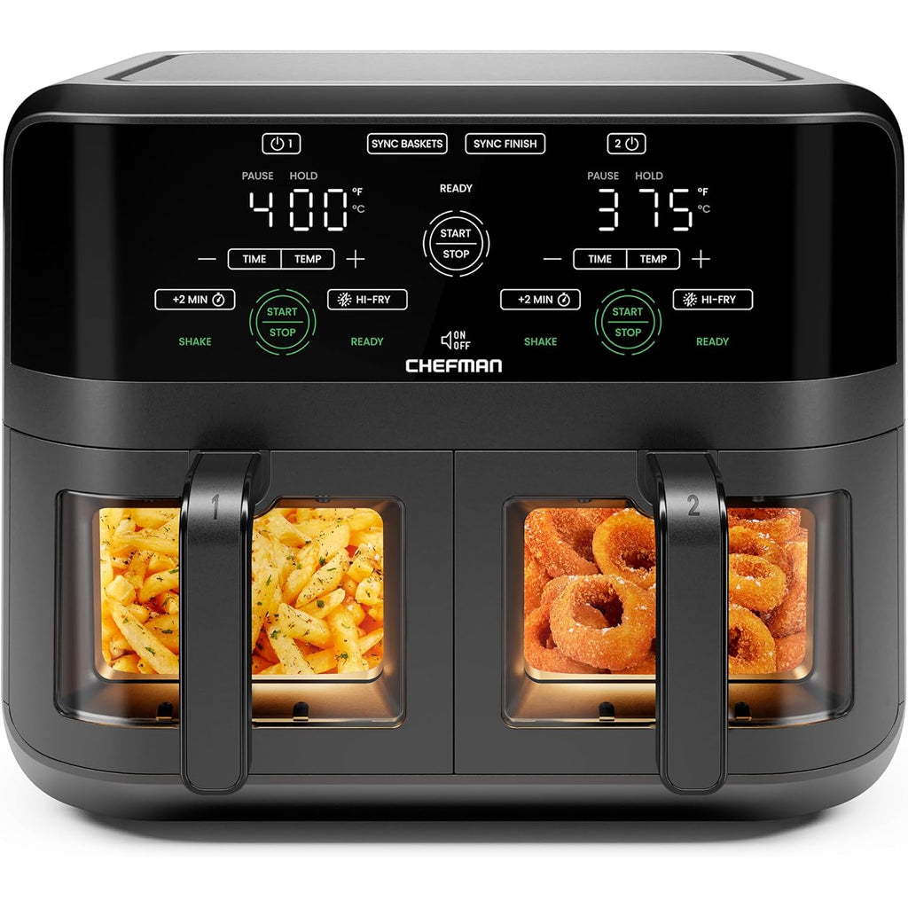 CHEFMAN 6 Quart Dual Basket Air Fryer Oven with Easy View Windows, Sync Finish, Hi-Fry, Auto Shutoff, 2 Independent 3Qt Nonstick Dishwasher Safe Frying Baskets, Digital Double Air Fryer - Black