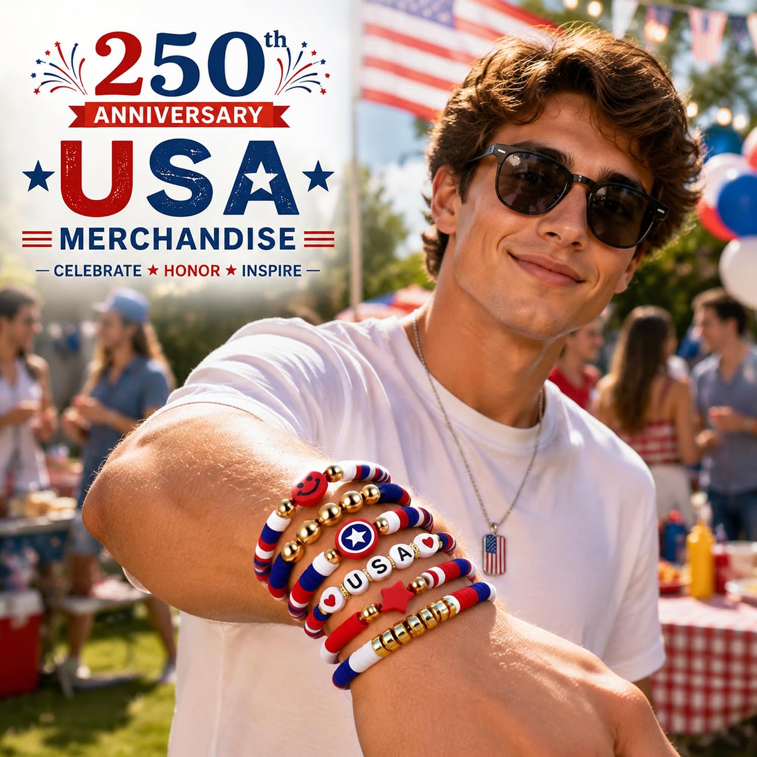 OHOME 4th of July Outfits for Women - 6 Pack Patriotic Bracelets | Fourth of July Decorations Accessories Shirts for Memorial Day Decorations - 250 Anniversary America Merchandise USA for Women