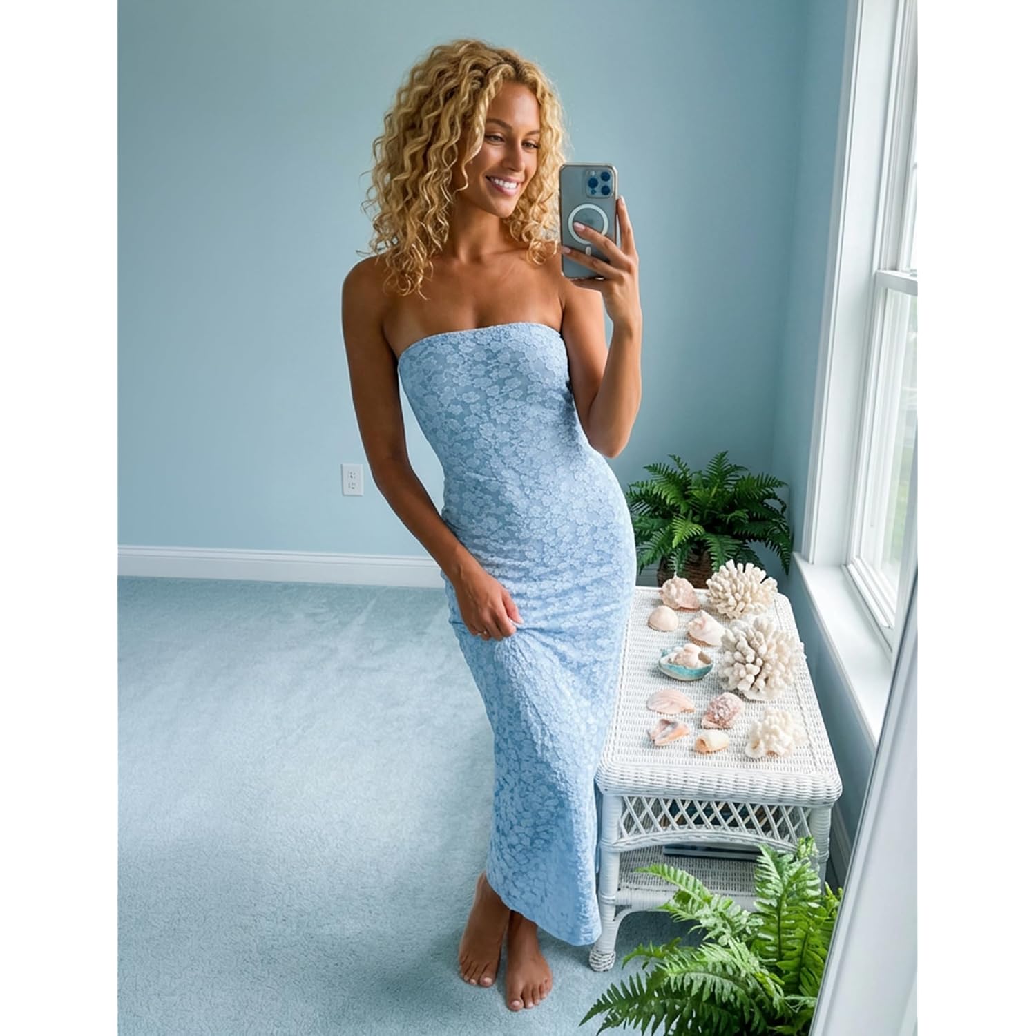 Zesica Women'S 2026 Summer Floral Strapless Bodycon Midi Dress Off Shoulder Beach Formal Cocktail Wedding Guest Long Dresses