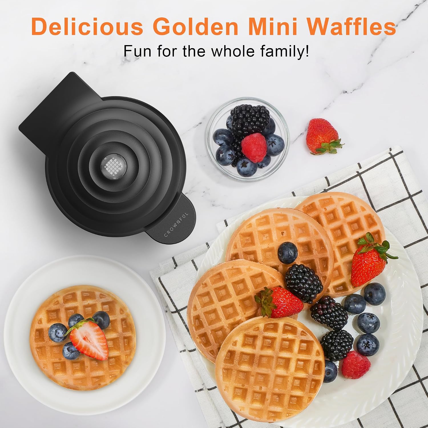 Crownful Mini Waffle Maker, 4" Chaffle Maker With Compact Design, Easy To Clean, Non-Stick Surface, Recipe Guide Included, Perfect For Breakfast, Dessert, Sandwich, Or Other Snacks