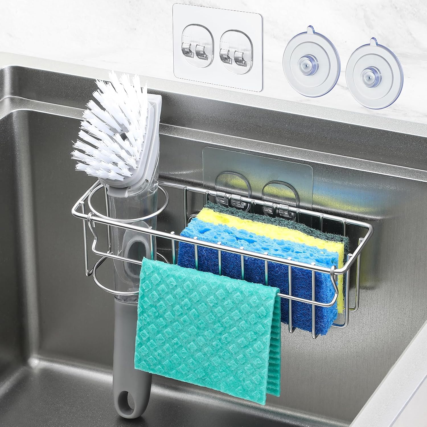3-In-1 Sponge Holder For Kitchen Sink With Suction Cups & Adhesive Hook , In-Sink Sponge Holder, Wall Hanging Sink Caddy Organizer Rack - Sponge, Dish Cloth, Brush, Scrubber - 304 Stainless Steel