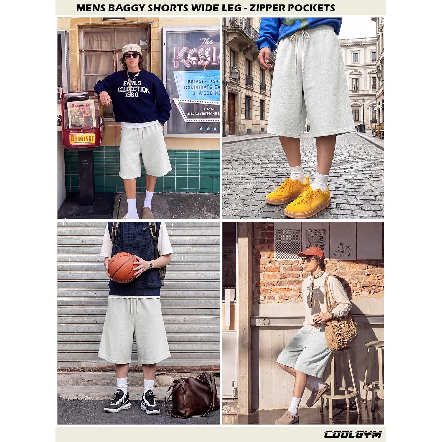 Baggy Sweat Shorts Men Wide Leg, Cotton Gym Shorts Zipper Pocket Long Below Knee, Oversized Loose Y2K Casual Athletic