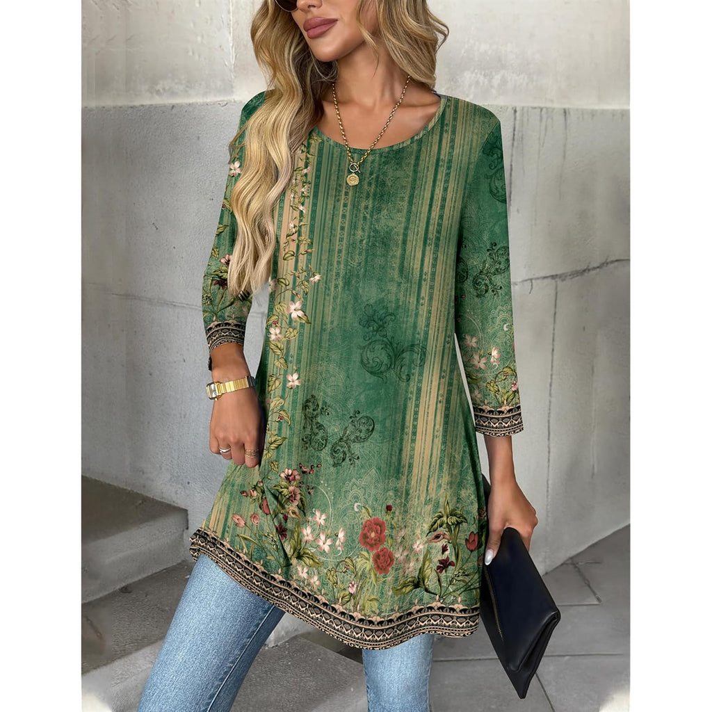 Women Tops 3/4 Sleeve Dressy Casual Plus Size Tunics to Wear with Leggings Swing Flare T-Shirt Loose Blouses