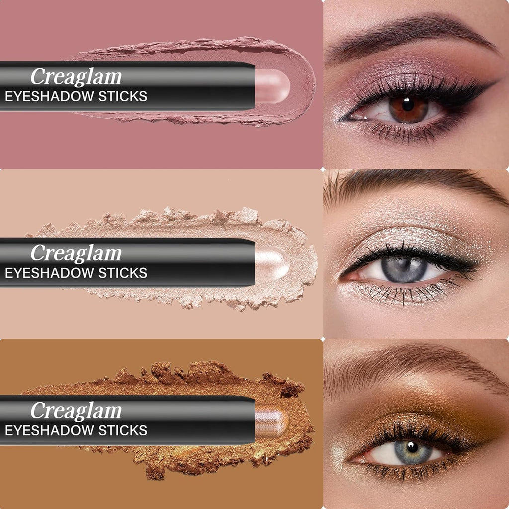 Creaglam Eyeshadow Stick 3Pcs Set, Waterproof & Crease-Proof, Easy Blendable Makeup Pencil For Beginners, Color Includes Matte Dusty Pink & Shimmer Peach & Fenugreek, 1.9G Each Stick
