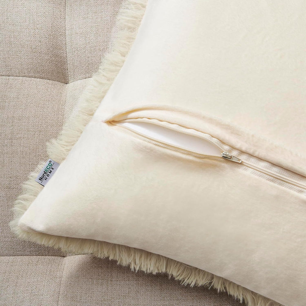 Luxury Soft Faux Fur Fleece Cushion Cover Pillowcase Decorative Throw Pillows Covers, No Pillow Insert, 18" X 18" Inch, Beige, 2 Pack
