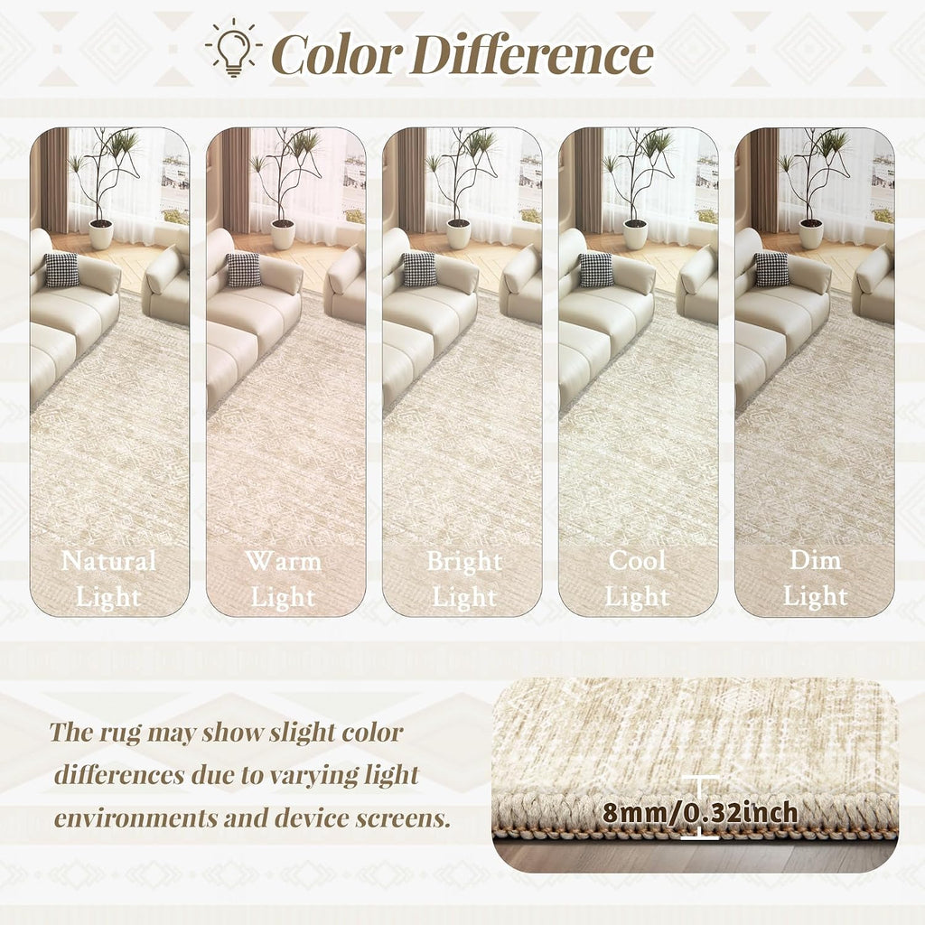 Living Room Rugs 8X10: Washable Moroccan Geometric Boho Rug Farmhouse Non Slip Stain Resistant Large Rug Low Pile Soft Carpet For Bedroom Dining Room Children Room (Beige,8'X10')