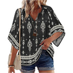 Zeagoo Womens Tops 3/4 Sleeve V Neck Bohemian Blouses Casual Loose Fit Tunic Boho Shirts Floral Printed Clothes