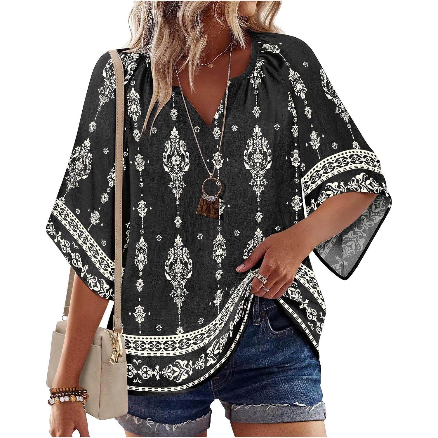 Zeagoo Womens Tops 3/4 Sleeve V Neck Bohemian Blouses Casual Loose Fit Tunic Boho Shirts Floral Printed Clothes