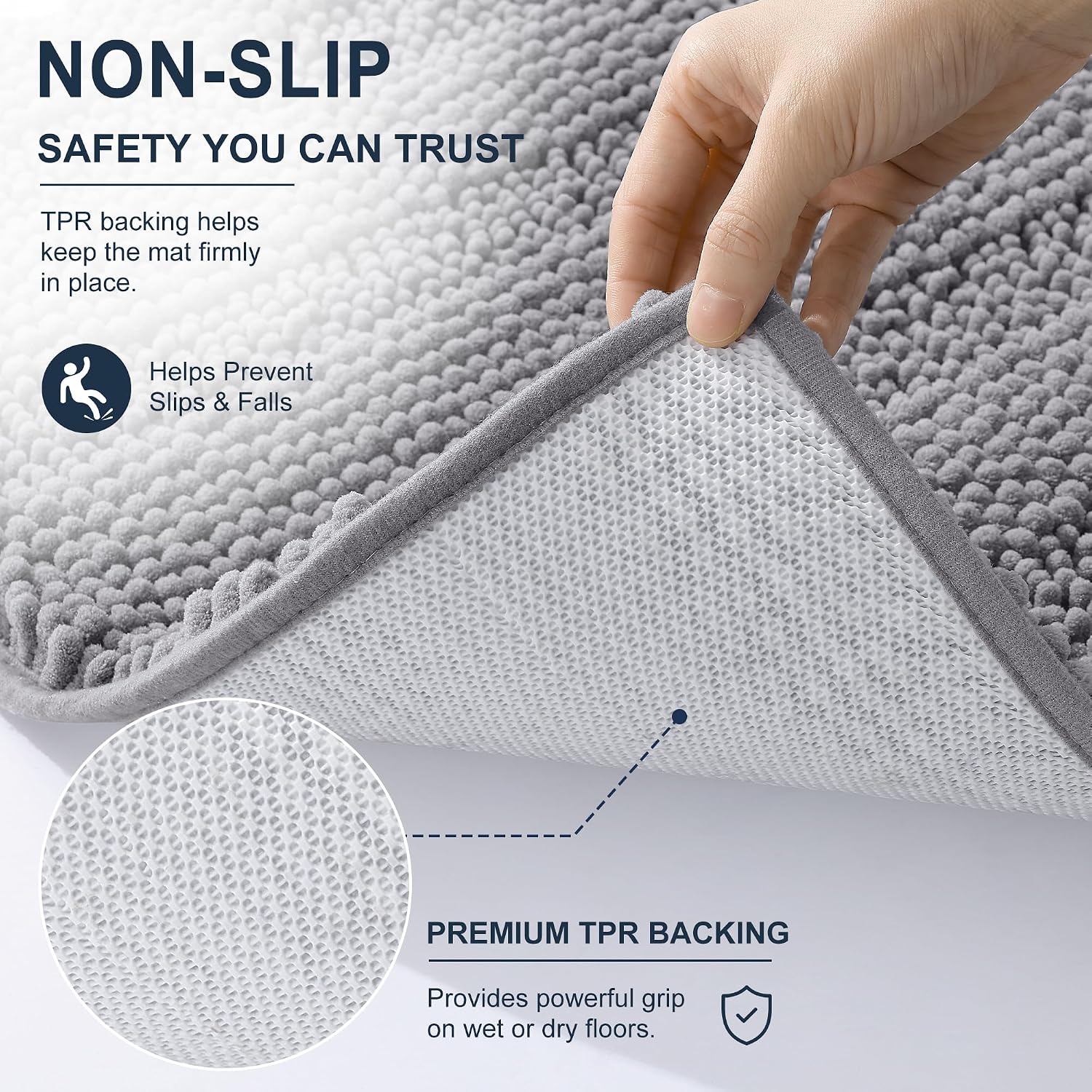 Smiry Thick Chenille Bathroom Rugs 30X20, Soft Absorbent Bath Mat, Grey | Quick‑Dry & Machine Washable, Non‑Slip Bath Carpet, Striped Bath Rugs For Tub & Shower, Modern Home Decor Accessories