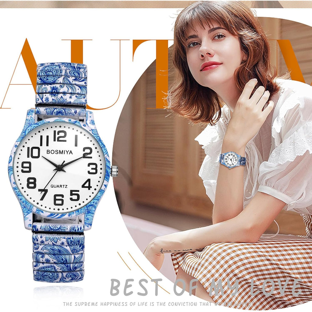 Avaner Women's Stretch Band Watches: Ladies Boho Printed Elastic Strap Easy Reader Analog Quartz Bangle Wrist Watch
