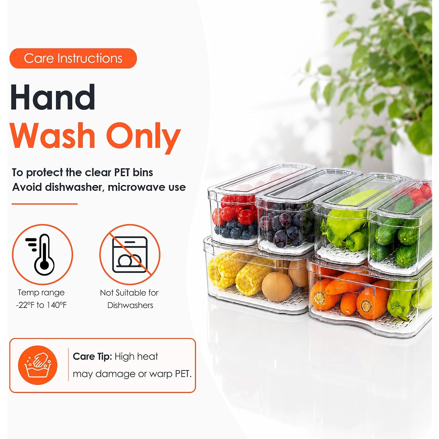 6 Pack Clear Fridge Organizer Bins With Drain Trays - Stackable | Bpa-Free Pet, 6 Pack: 6 Lidded Bins (Not Drawer), Helps Keep Produce Fresh, 14L Capacity, Hand Wash Only