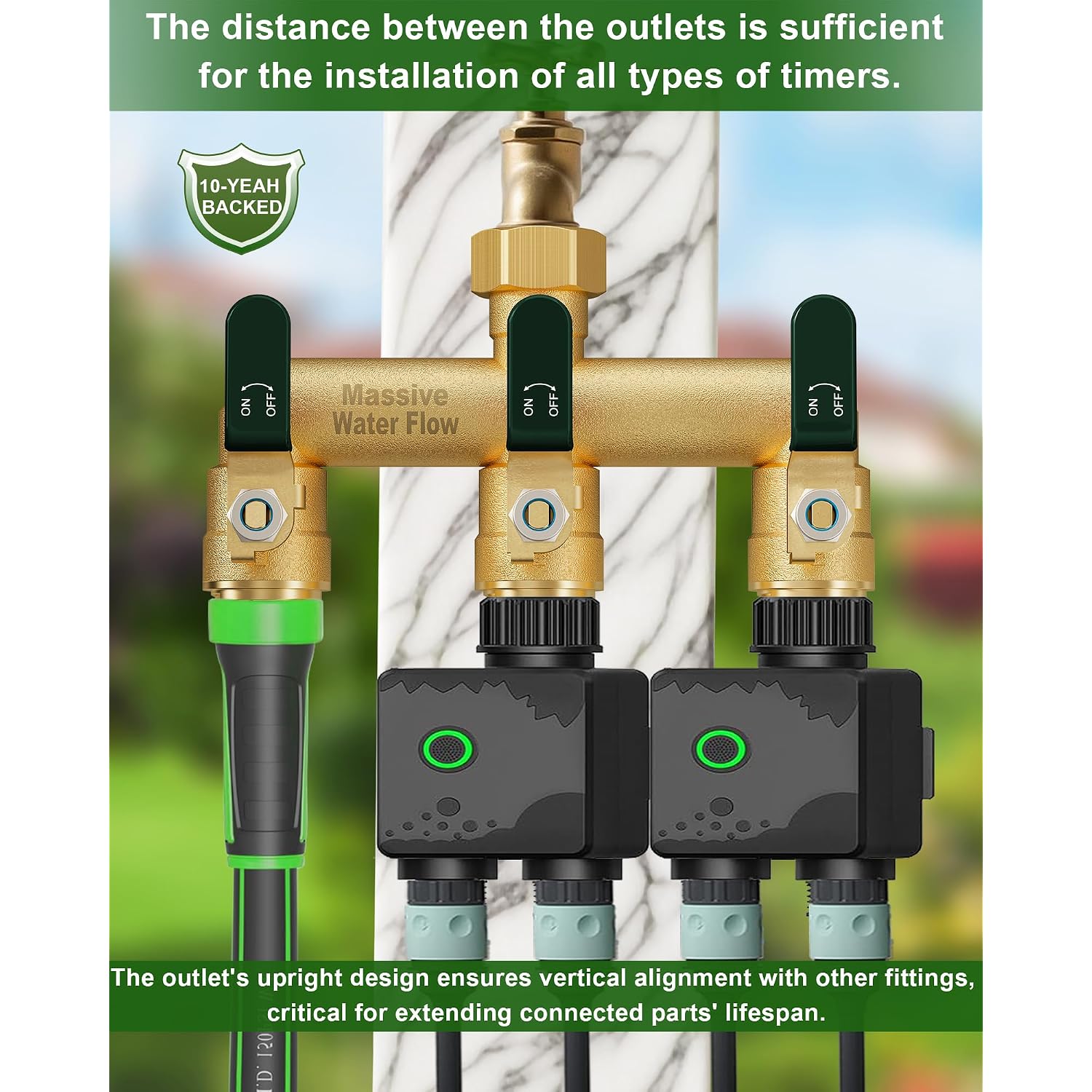 3 Way Hose Splitter, Heavy Duty Full Flow Garden Water Hose Bib Spigot Splitter, Brass Rust And Freeze Resistant Outdoor Faucet Splitter, T Adapter Connector With 3/4 - Inch Ght Thread （Green）
