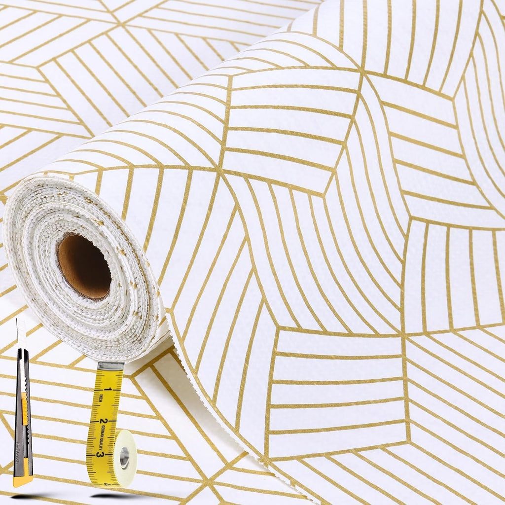 Shelf Liners For Kitchen Cabinets 12In X 20Ft, Non Adhesive Cabinet Liner Strong Non-Slip Thickened Gold Geometric Drawer Liner, Easy To Clean For Shelf, Cabinet With Knife And Tape Measure