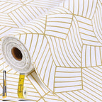 Shelf Liners For Kitchen Cabinets 12In X 20Ft, Non Adhesive Cabinet Liner Strong Non-Slip Thickened Gold Geometric Drawer Liner, Easy To Clean For Shelf, Cabinet With Knife And Tape Measure