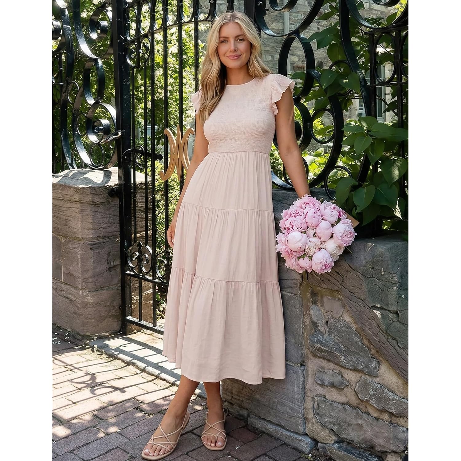 Zesica Women'S 2026 Summer Casual Flutter Short Sleeve Crew Neck Smocked Elastic Waist Tiered Midi Dress
