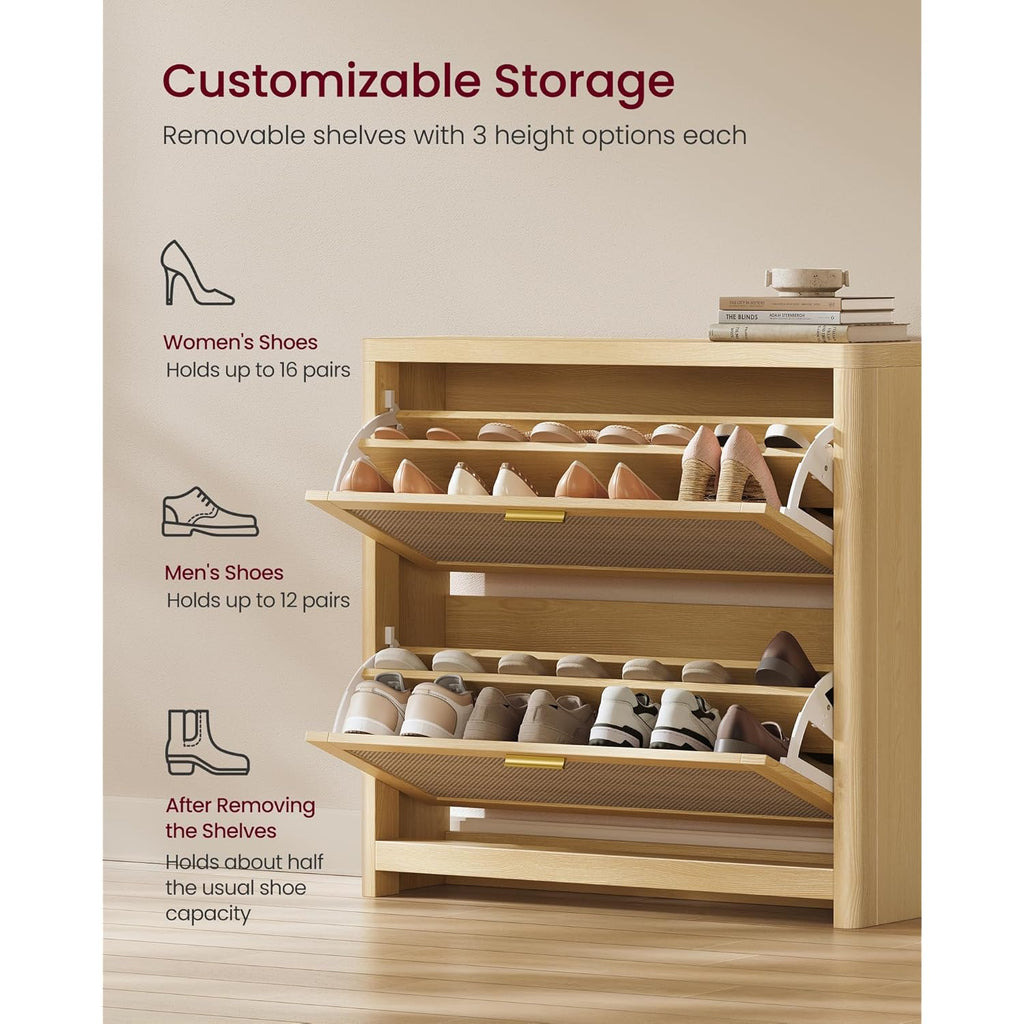 VASAGLE ELLAN Collection - Boho Shoe Storage Cabinet for Entryway Slim, Entry Shoe Cabinet with Rattan-Look Flip Drawers, Rounded Corners, Narrow for Entrance, Oak Beige UHSC601YC01