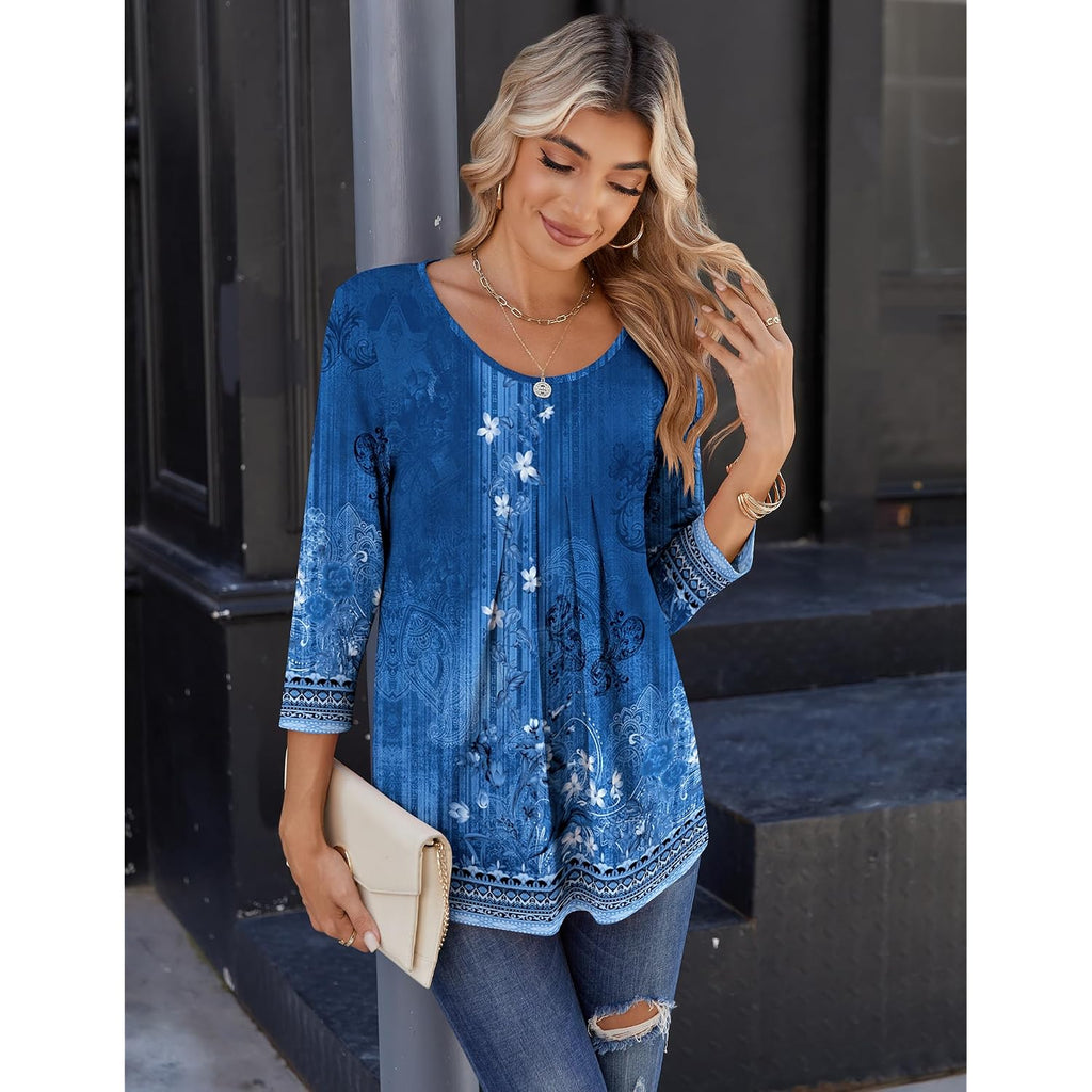 Zeagoo 3/4 Sleeve Tops for Women Crew Neck Blouses Pleated Casual Shirts Fall Work Clothes 2026