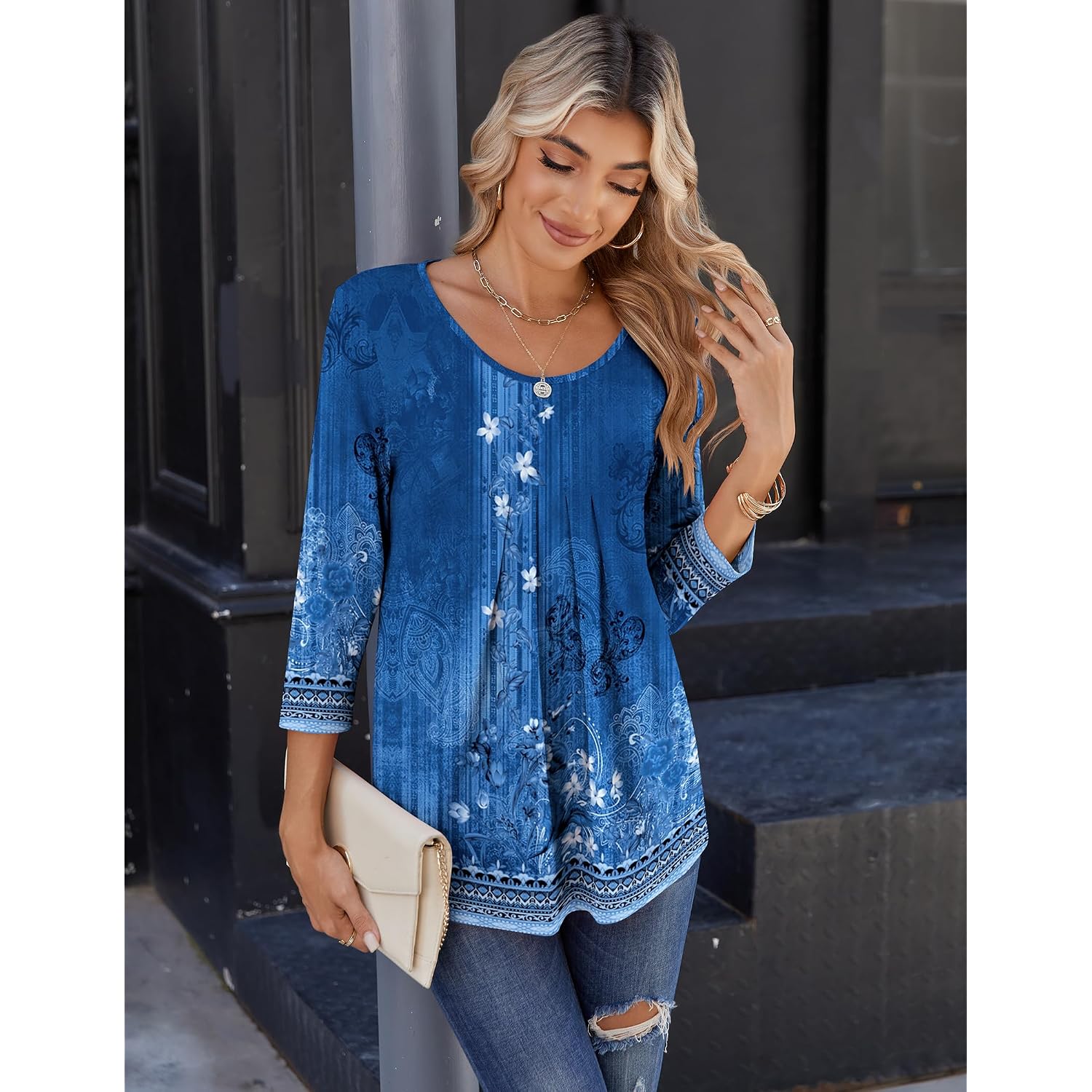 Zeagoo 3/4 Sleeve Tops for Women Crew Neck Blouses Pleated Casual Shirts Fall Work Clothes 2026