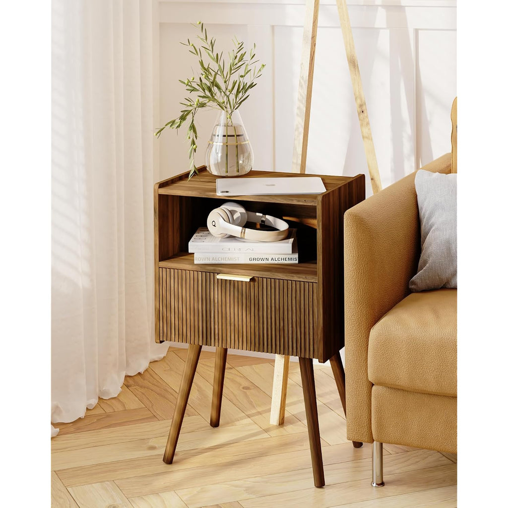 Nightstand,Modern Bedside Table With Storage Drawer And Open Wood Shelf, For Living Room, Bedroom And Small Spaces, Accent Night Stand With Solid Wood Legs, Easy Assembly,Walnut Brown
