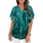 Women's Short Sleeve V Neck Blouses Shirts Floral Double Layers Mesh Tunics Tops