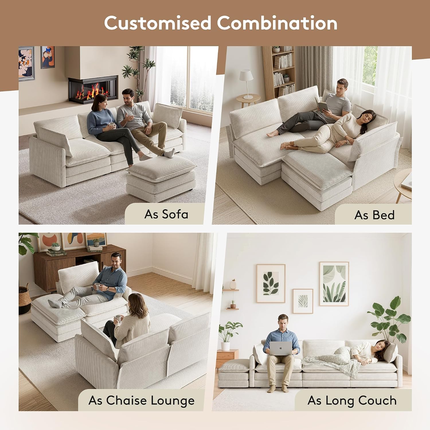 Rowhy 104'' Modular Sectional Cloud Couch With Movable Ottoman, 4 Seat Modern Corduroy Sofa, Deep Seat L Shaped Couch For Living Room Bedroom Apartment, Beige