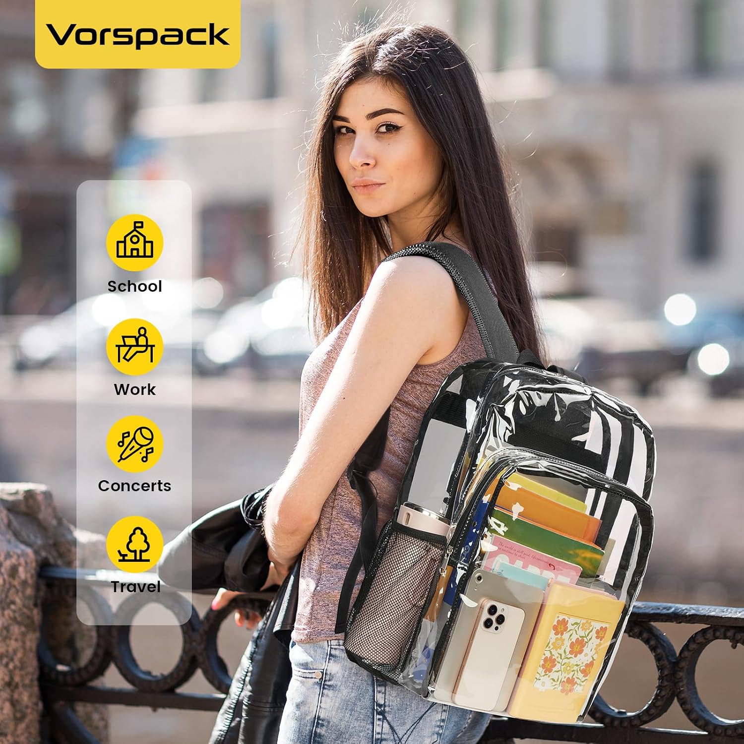 Vorspack Clear Backpack For School, 16 Inch Large Clear Bookbag | Lightweight See Through Backpacks For Girls And Boys, Reinforced Straps, Heavy Duty Transparent Clear Bag For Work Travel