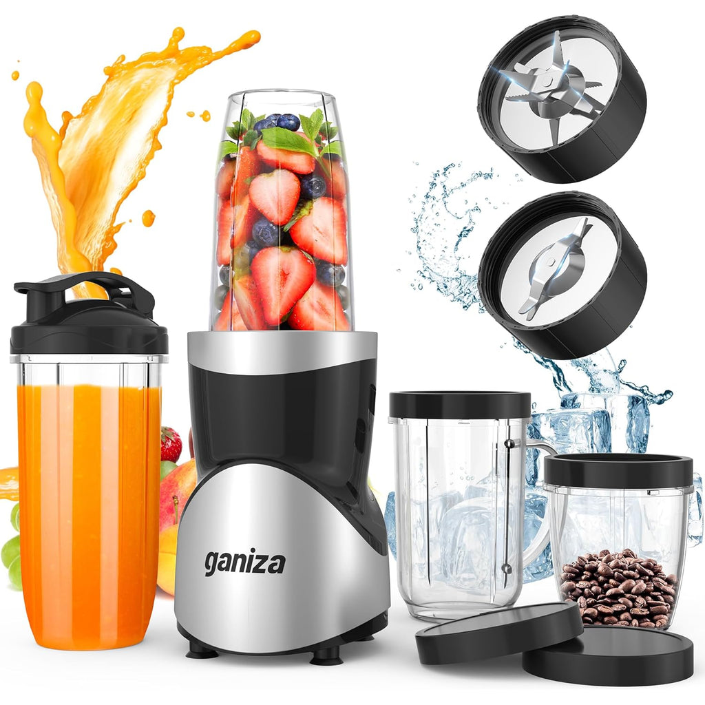 Ganiza Smoothie Blender, 900W Blenders for Shakes and Smoothies, 15-Piece Personal Blender and Grinder Combo for Kitchen, Smoothies Maker with 4 BPA-Free Portable Cup, Nutritious Recipe
