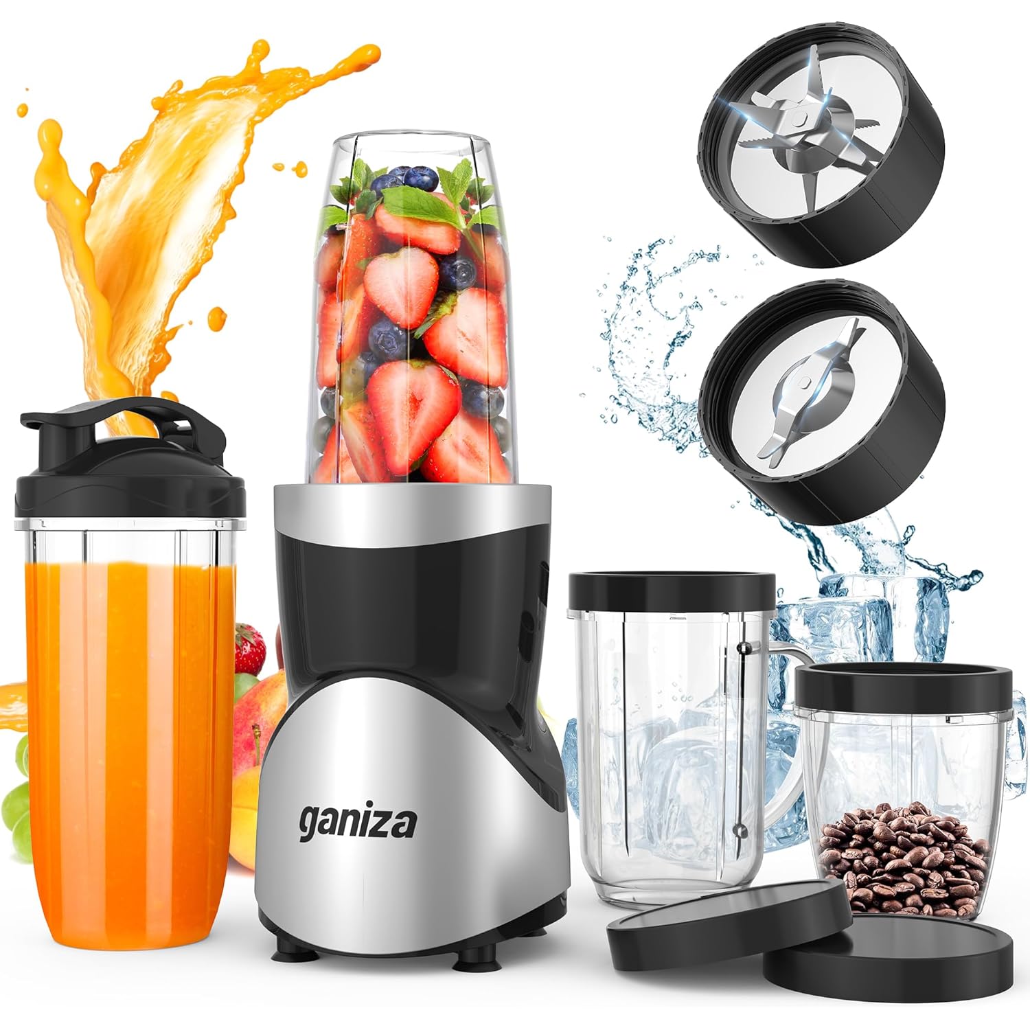 Ganiza Smoothie Blender, 900W Blenders for Shakes and Smoothies, 15-Piece Personal Blender and Grinder Combo for Kitchen, Smoothies Maker with 4 BPA-Free Portable Cup, Nutritious Recipe