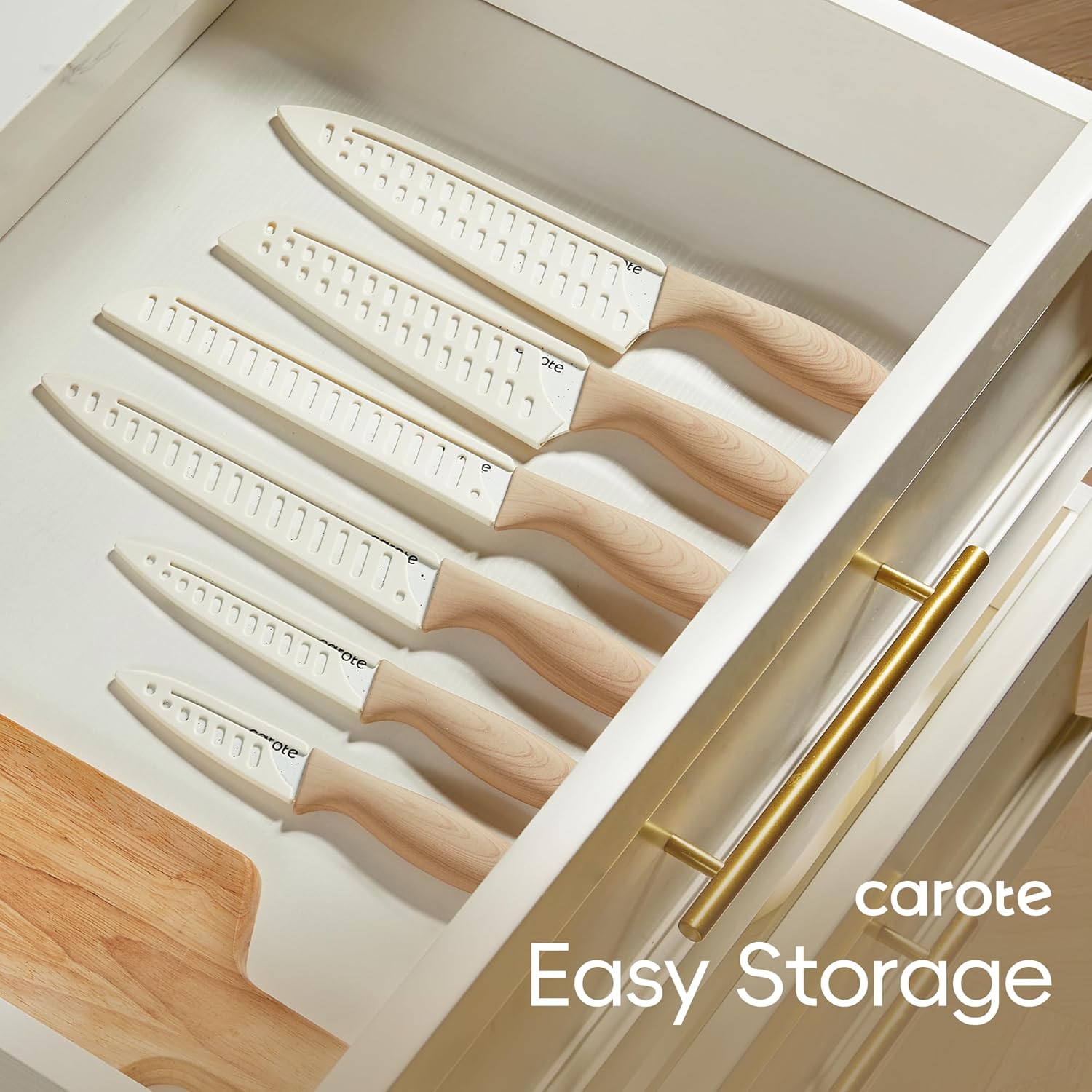 CAROTE 12PCS Knife set with Blade Guards,Granite Nonstick Ceramic Coating,Stainless Steel blade, Anti-Slip Handle, Essential Knives, Rustproof, White