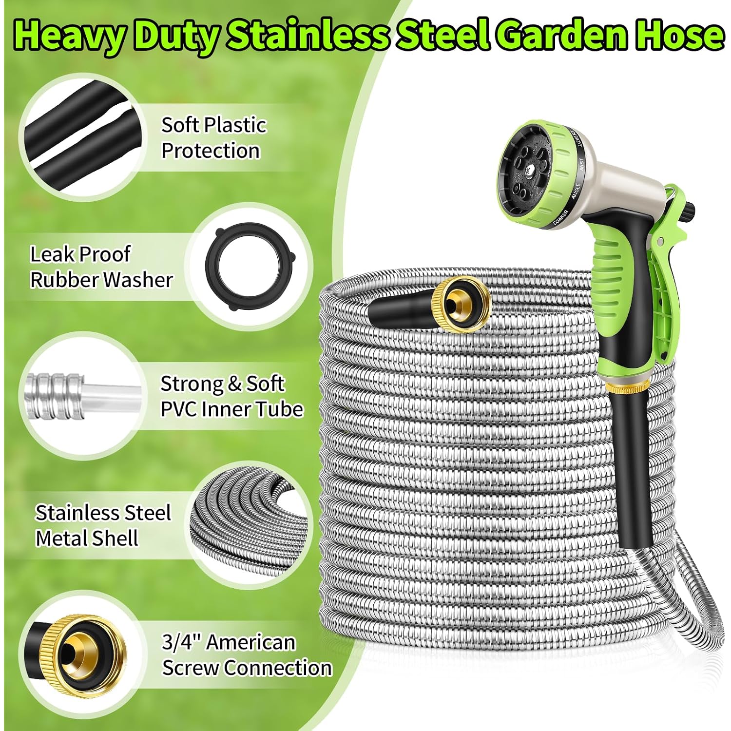 Goxawee Garden Hose 50Ft, Stainless Steel Heavy Duty Water Hose With 10 Function Nozzle, No-Kink, Tough & Flexible, Sturdy And Lightweight, Rust Proof For Yard, Outdoor, Rv