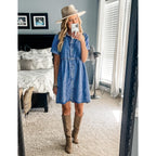 Lookbookstore Women'S Short Sleeve Button Down Flowy Tiered Babydoll Denim Dress