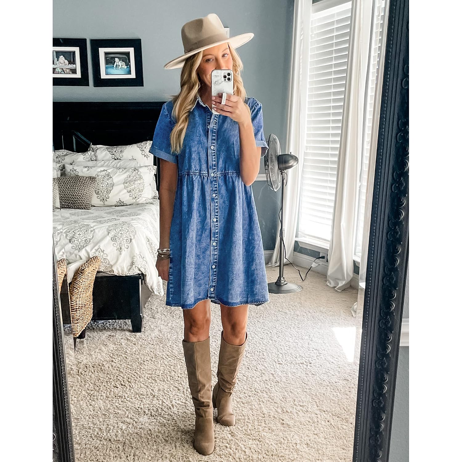 Lookbookstore Women'S Short Sleeve Button Down Flowy Tiered Babydoll Denim Dress
