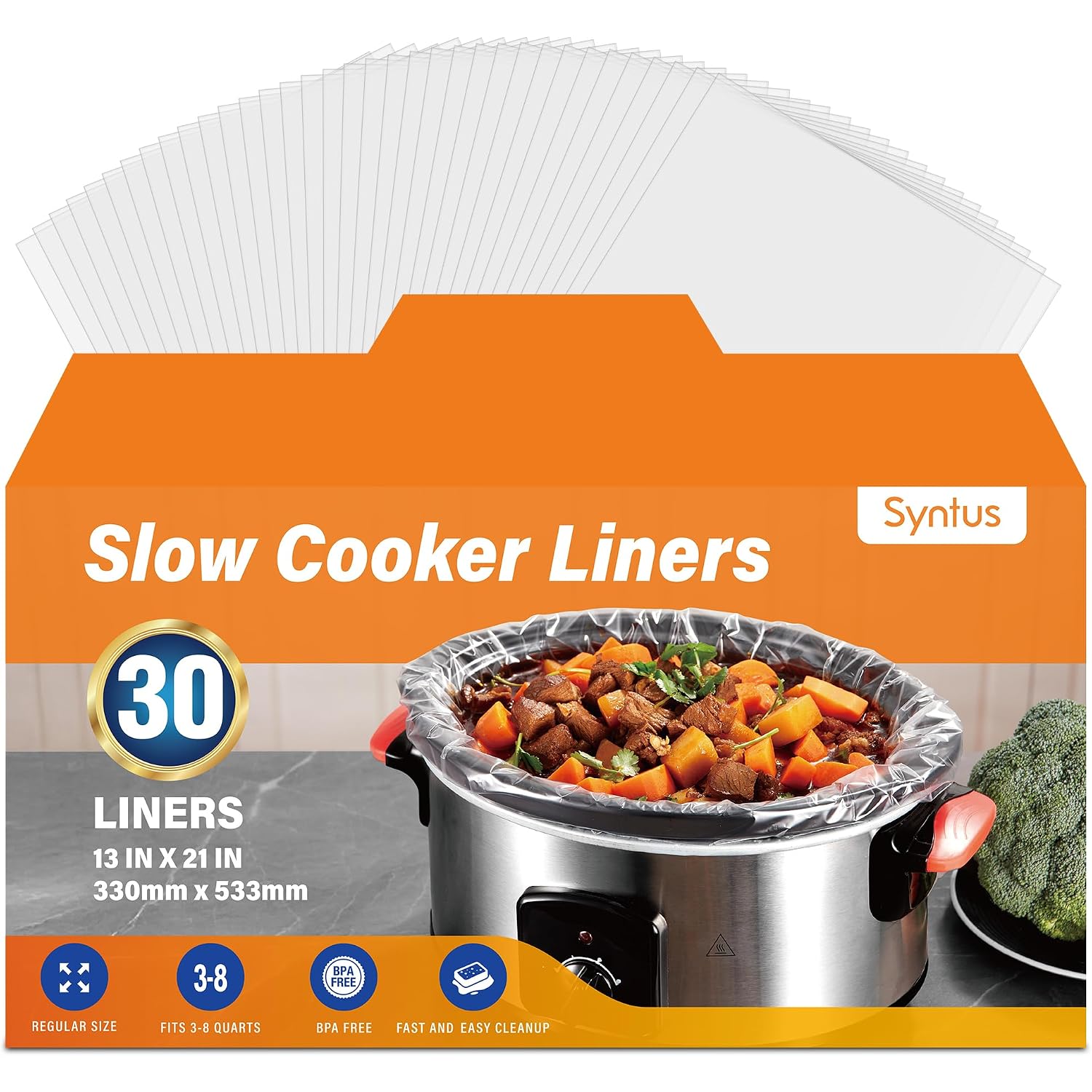 Syntus 30 Count Slow Cooker Liners, Large Size 13" X 21" Fits 3-8 Quart Pots Bpa-Free Disposable Cooking Bags Suitable For Oval & Round & Retangular Slow Cookers