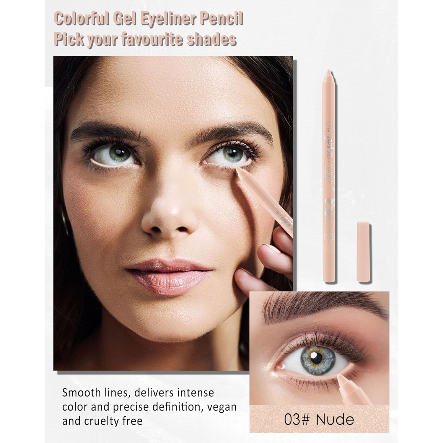 Nude Waterline Eyeliner Gel Pencil,Peach Eyeliner Waterline Waterproof Smudge-Proof, Long Stay Eye Liner Brightener Pen with Sharpener, Safe for Sensitive Eyes, Soft Cream Rich Color Eye Makeup Pen-03