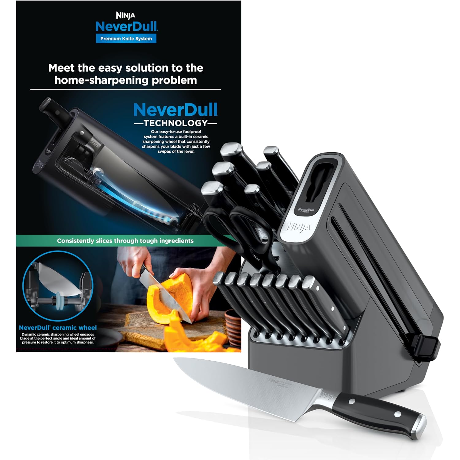 Ninja™ Neverdull® Knife Block Set | 17 Piece Kitchen Knife System With Built-In Sharpener | Rust Resistant, German Stainless-Steel Knives | Black | K32017