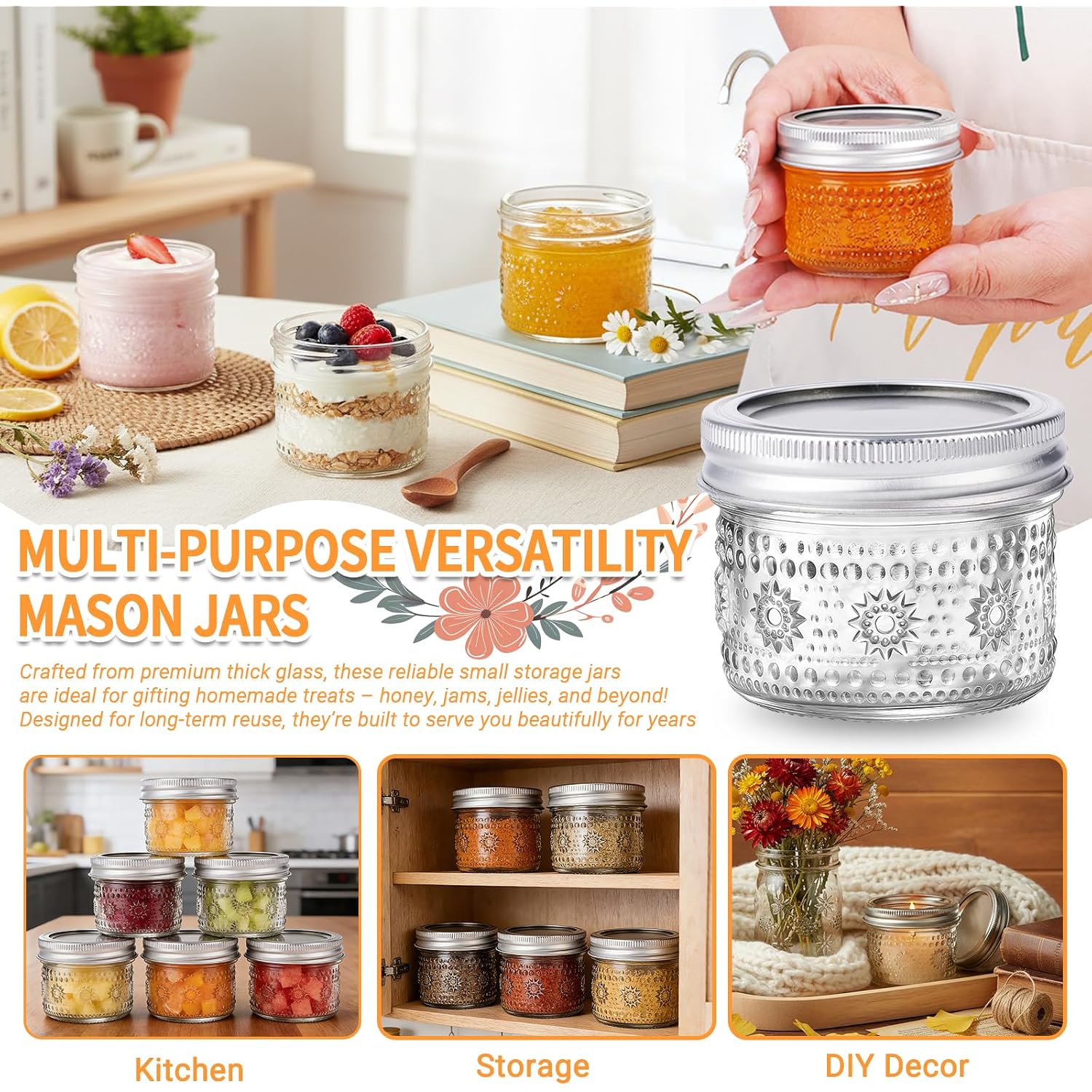 4 Oz Small Embossed Mason Jars 24-Pack With Airtight Lids, Leakproof | Mini Canning Jars, Reusable, For Jam/Jelly/Honey, Spices, Diy Candles, Wedding Favors & Gift Packaging
