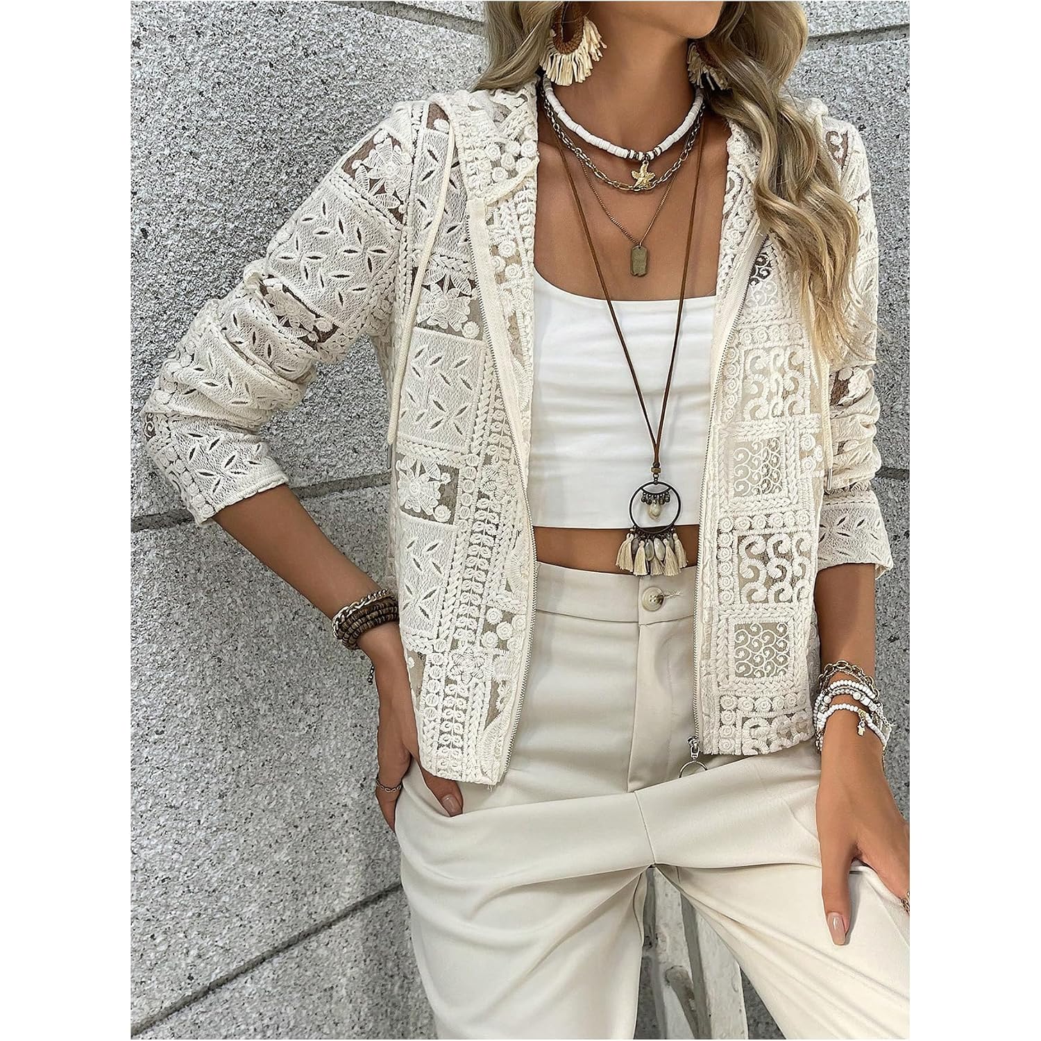 Gorglitter Women'S Lace Cardigan Jacket Zip Up Crochet Sheer Vacation Cruise Going Out Long Sleeve Hooded Tops